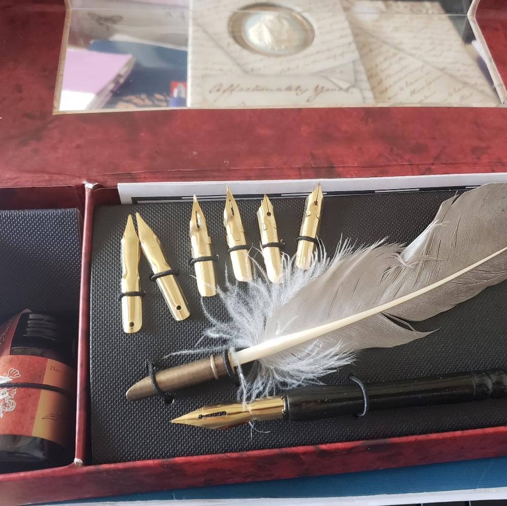 Authentic Models Feather Pen Set with 7 nibs, Ink and Plume Holder